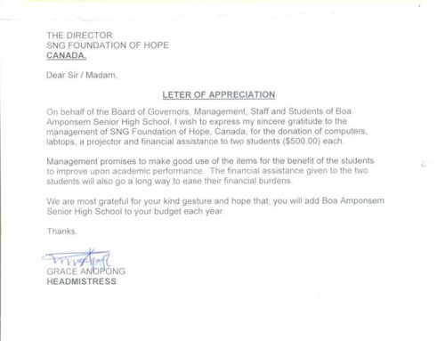 Letter of Appreciation from Boa Amponsem Senior High School